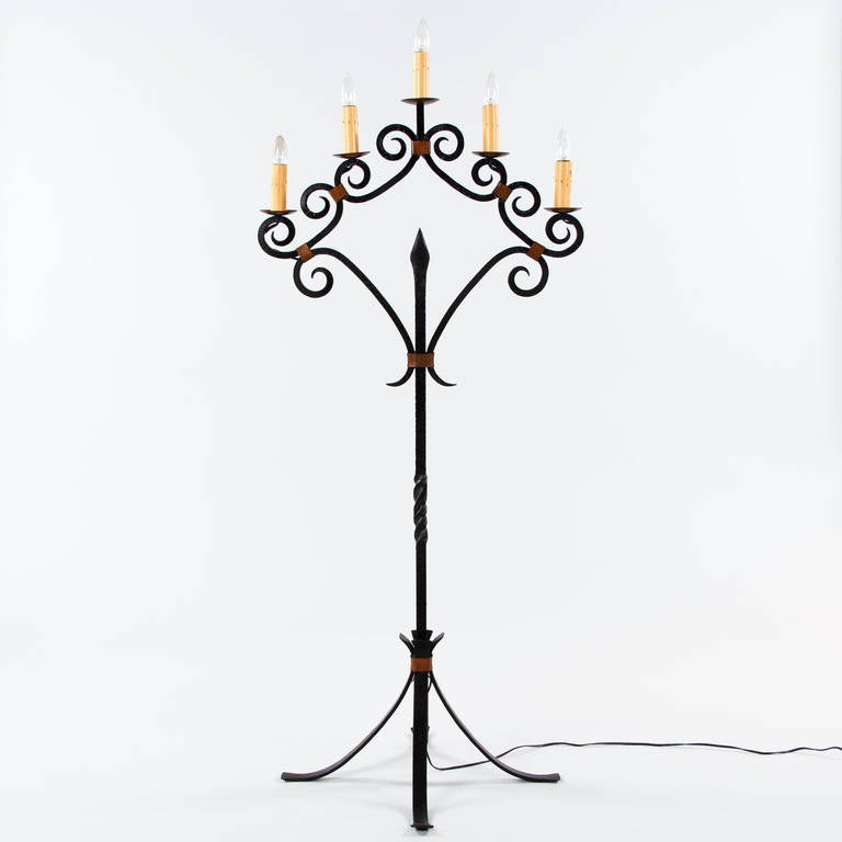 Copper French Gothic Revival Forged Iron Floor Lamp, 1940s