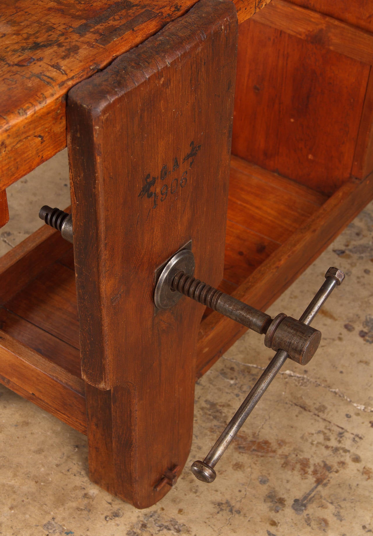 French Industrial Elm Carpenter's Workbench, Dated 1906 3