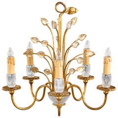 1930
s French Brass Chandelier with Glass Leaves