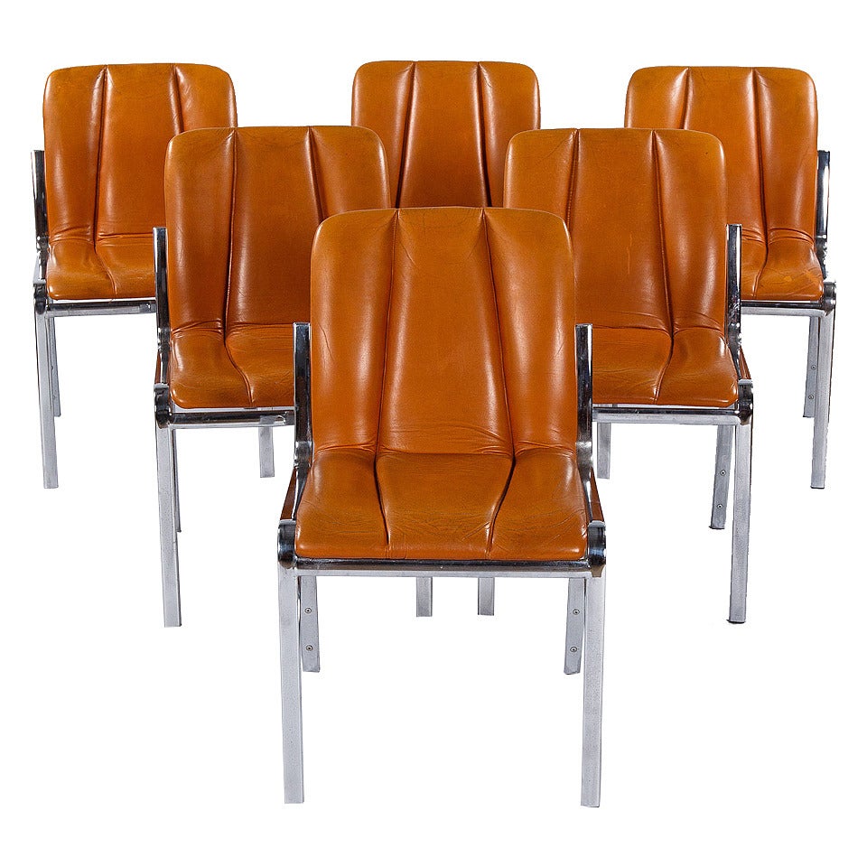 Set of Six Vintage Chrome and Leather Chairs from Spain, 1970s
