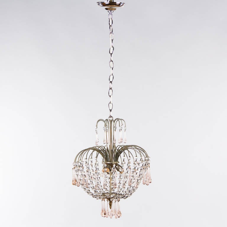 Mid-Century Modern Vintage Murano Pink Teardrop and Crystal Chandelier, 1950s For Sale