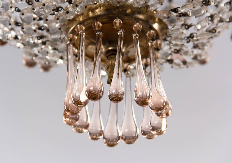 Mid-20th Century Vintage Murano Pink Teardrop and Crystal Chandelier, 1950s For Sale