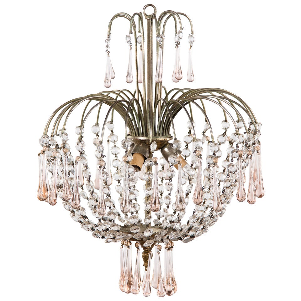 Vintage Murano Pink Teardrop and Crystal Chandelier, 1950s For Sale