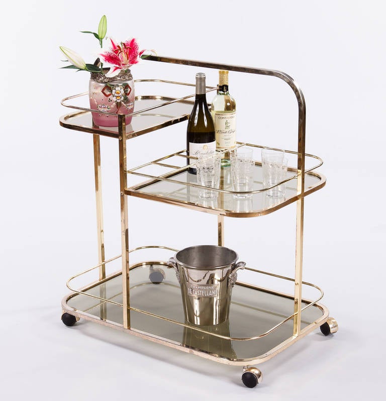 Modern 1970s French Vintage Brass and Glass Bar Cart