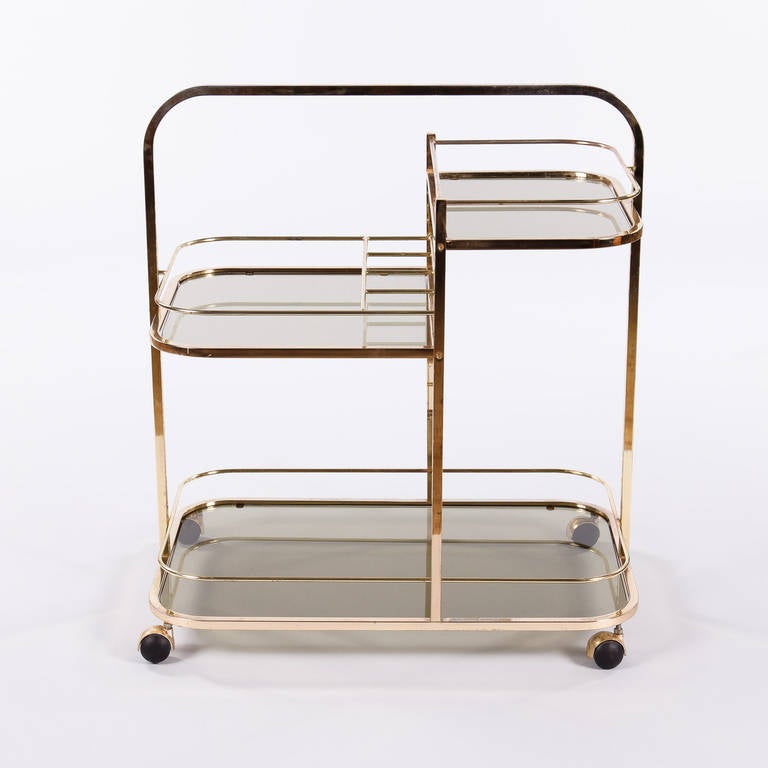1970s French Vintage Brass and Glass Bar Cart In Good Condition In Austin, TX