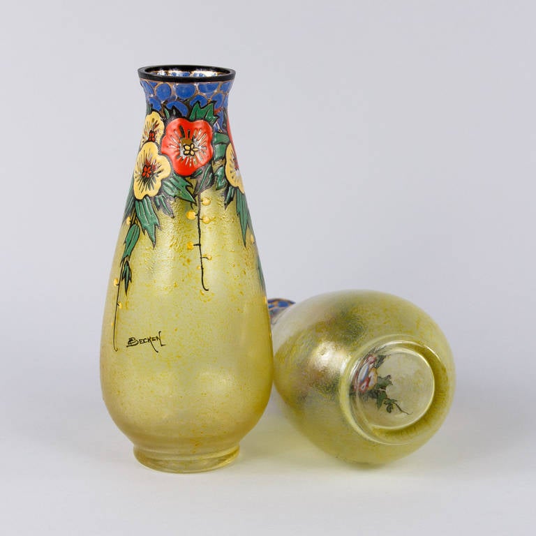 Mid-20th Century Pair of French Art Deco Enameled Glass Vases by Becken and Richie, 1930s