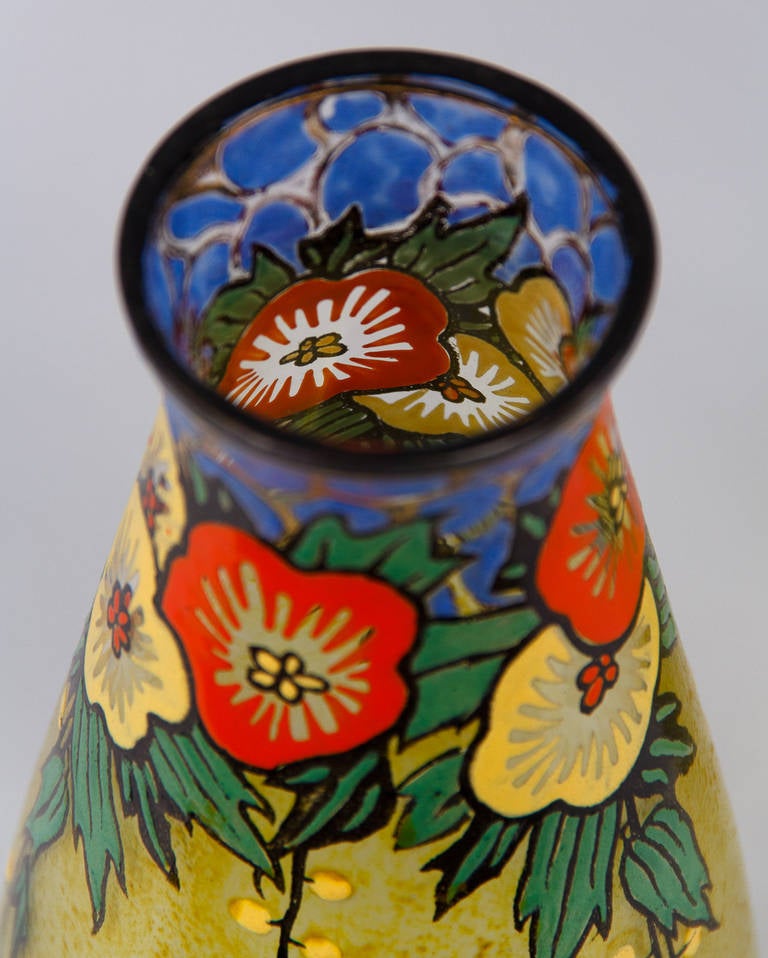 Französische emaillierte Art-Déco-Glasvasen von Becken und Richie, 1930er Jahre, Paar 3