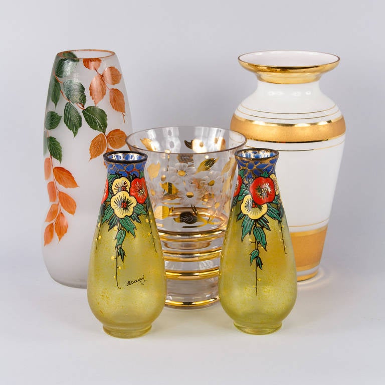 Pair of French Art Deco Enameled Glass Vases by Becken and Richie, 1930s 4