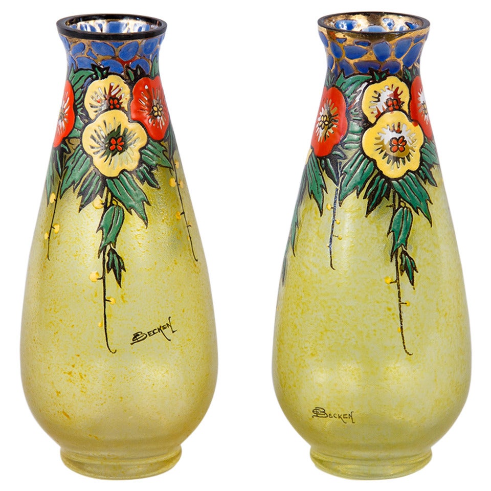 Pair of French Art Deco Enameled Glass Vases by Becken and Richie, 1930s