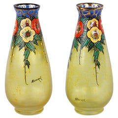 Vintage Pair of French Art Deco Enameled Glass Vases by Becken and Richie, 1930s