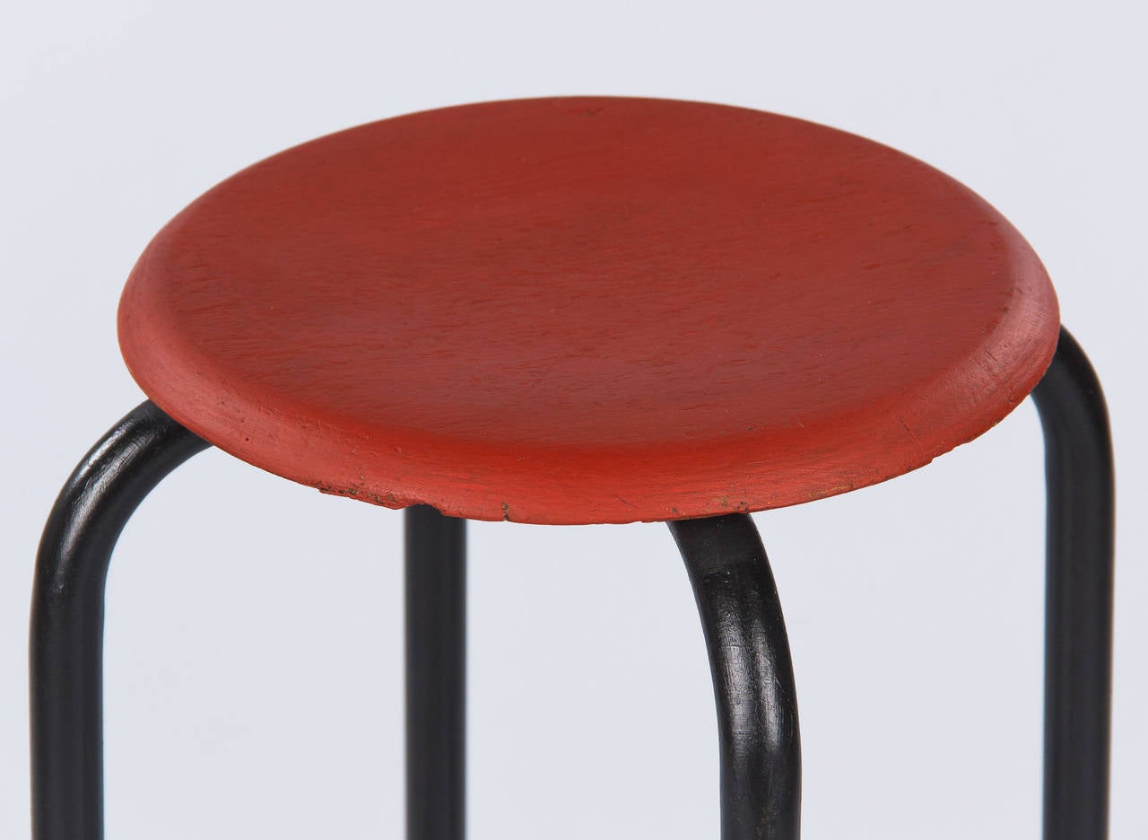 Painted French Vintage Industrial Red and Black Stool, 1950s