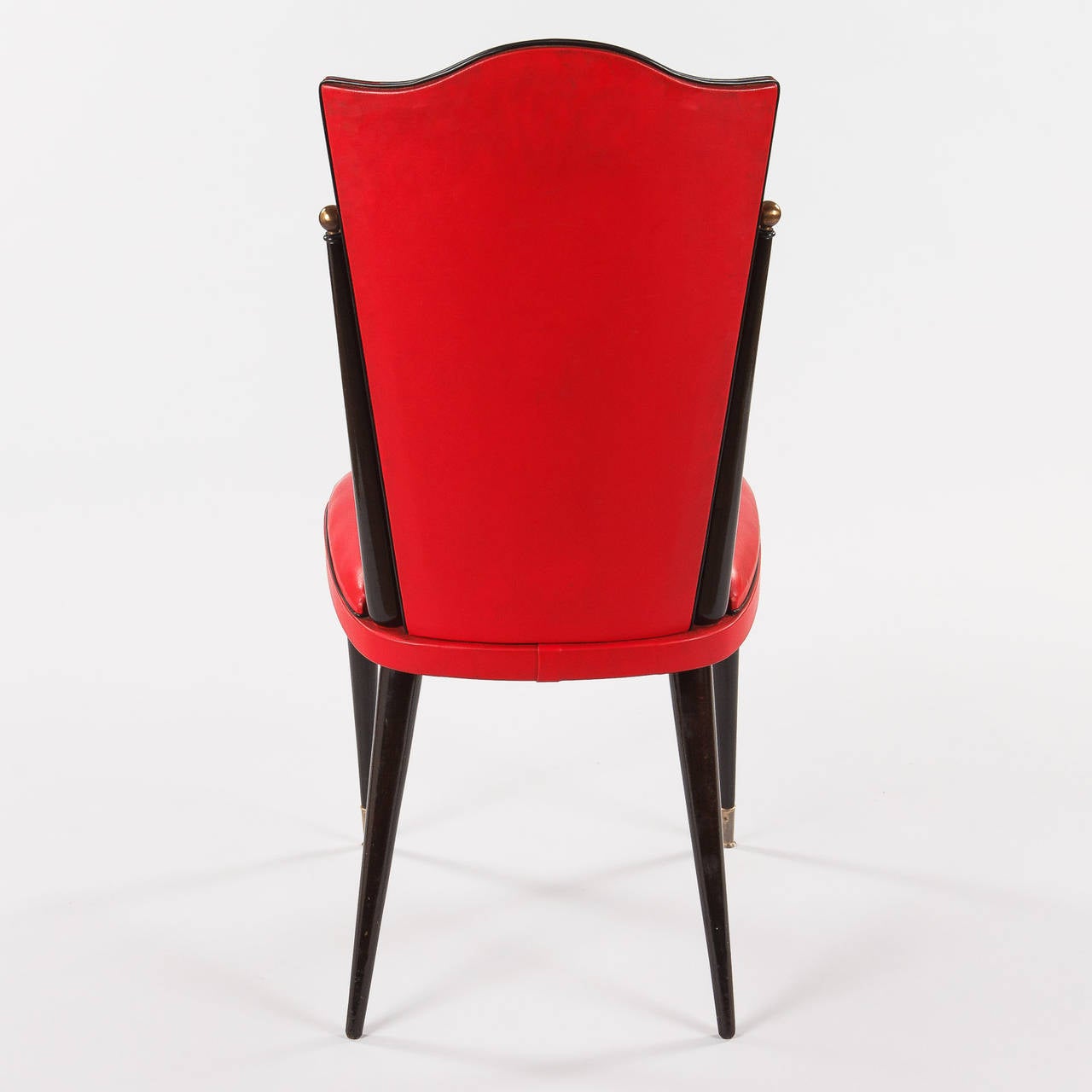 Metal Pair of Midcentury French Red Vinyl and Black Lacquered Wood Side Chairs, 1960s