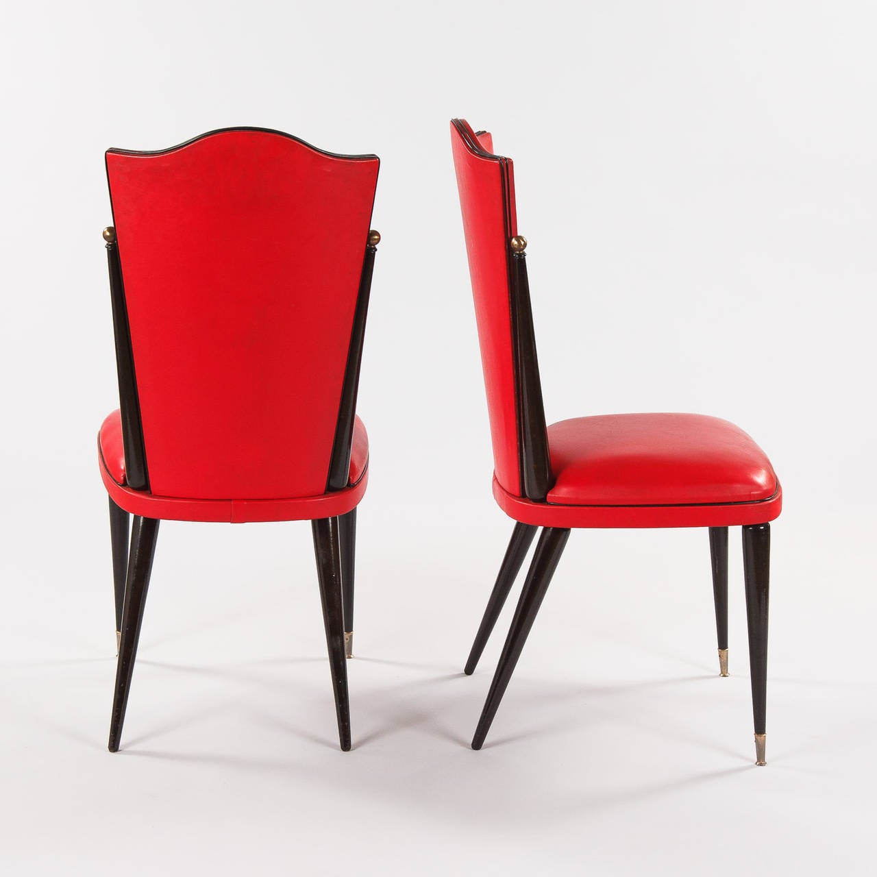 Pair of Midcentury French Red Vinyl and Black Lacquered Wood Side Chairs, 1960s 1