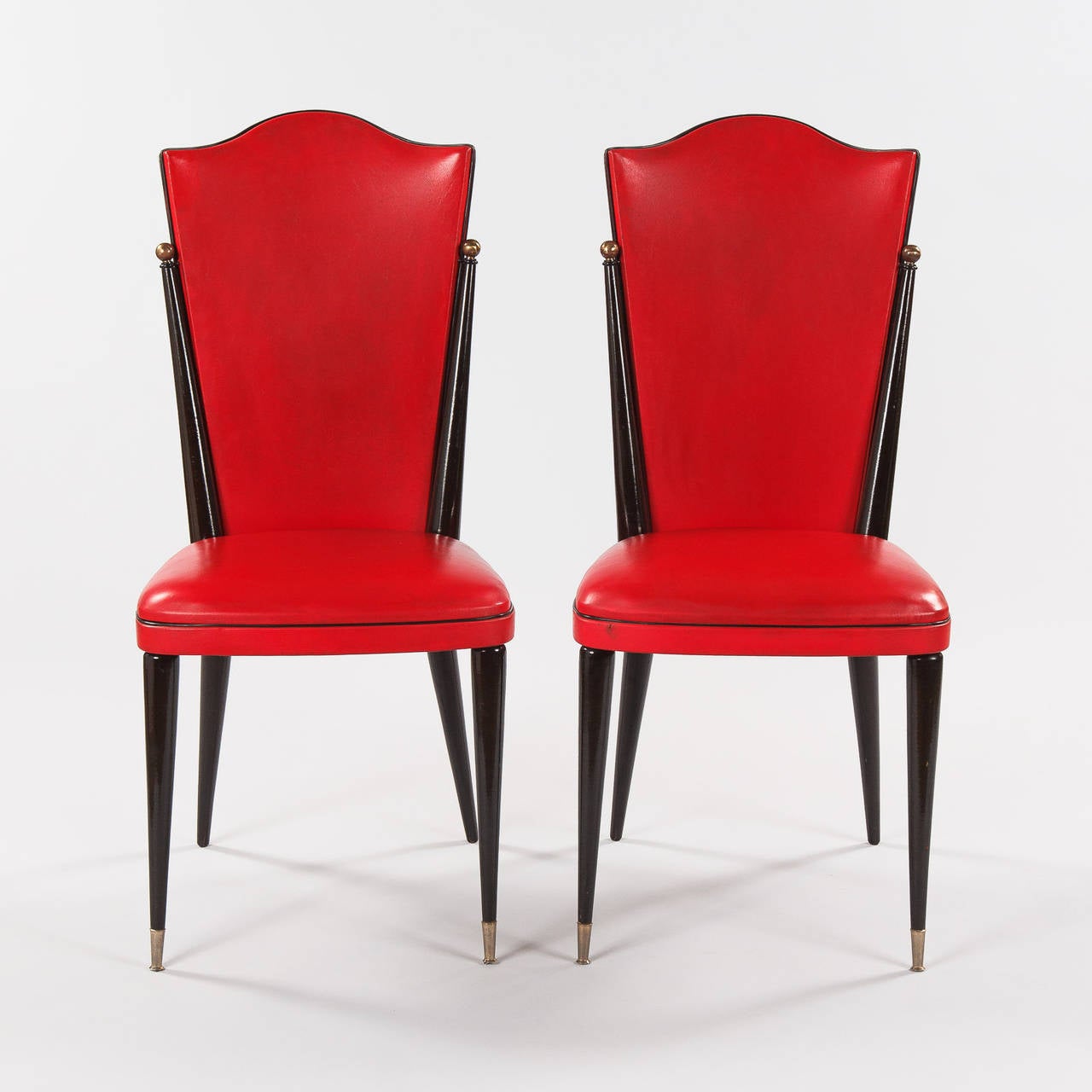 Pair of Midcentury French Red Vinyl and Black Lacquered Wood Side Chairs, 1960s 2