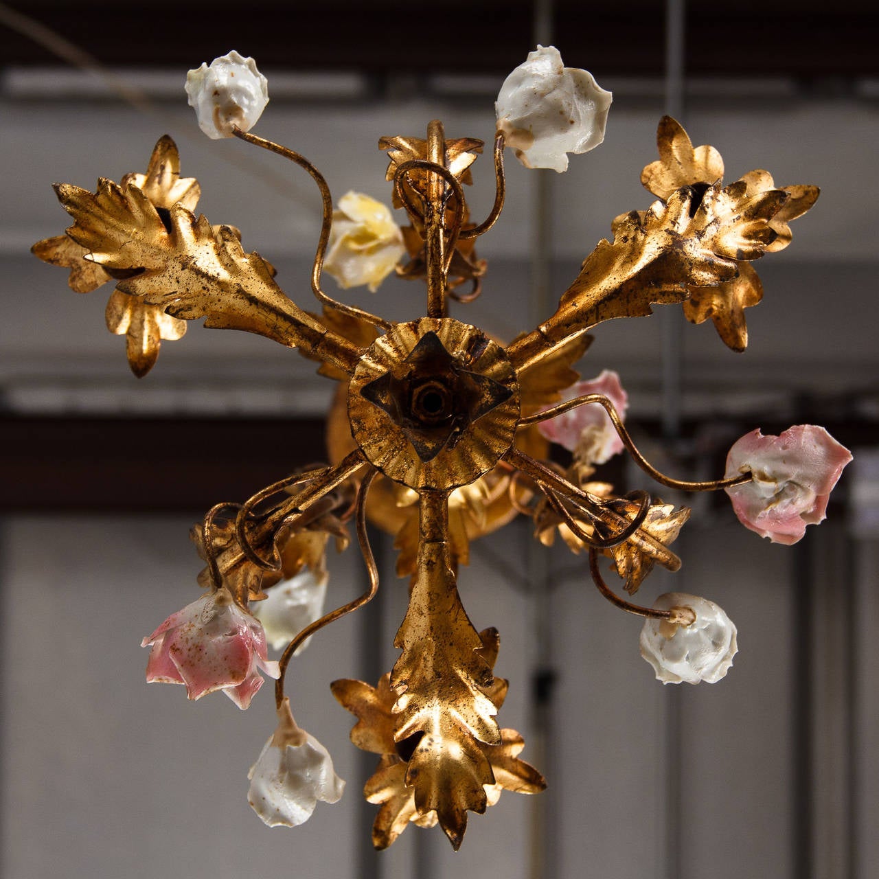 1920's French Tole Chandelier with Porcelain Flowers 5