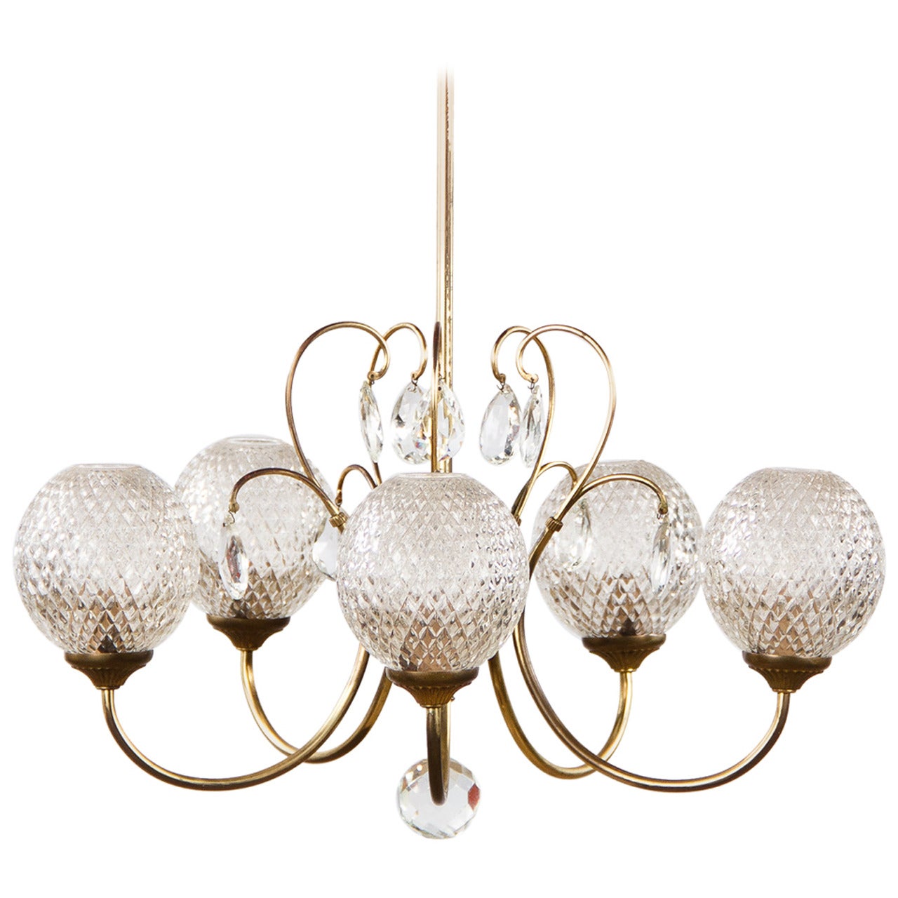 Vintage French Brass Chandelier with Glass Globes
