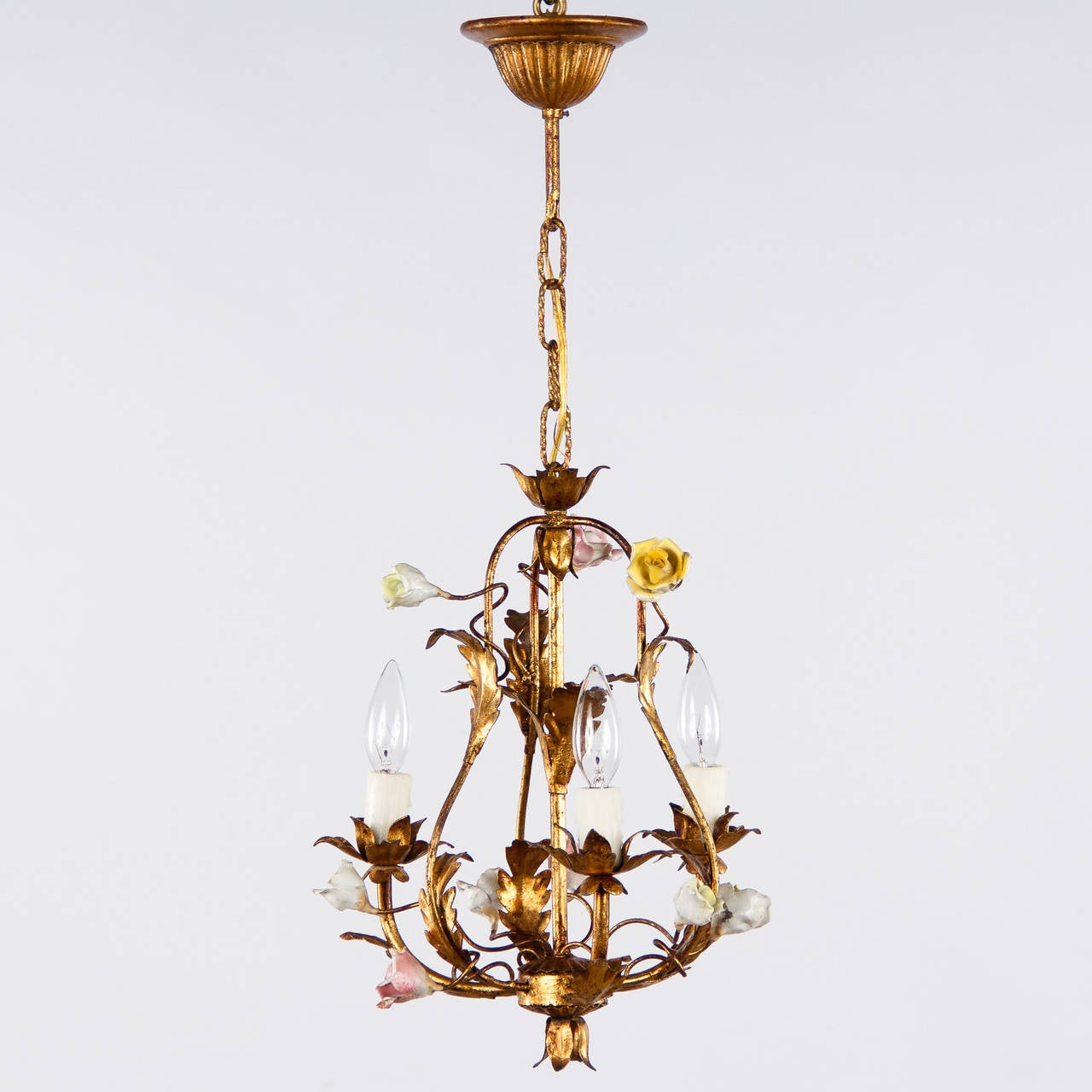 Gilt 1920's French Tole Chandelier with Porcelain Flowers