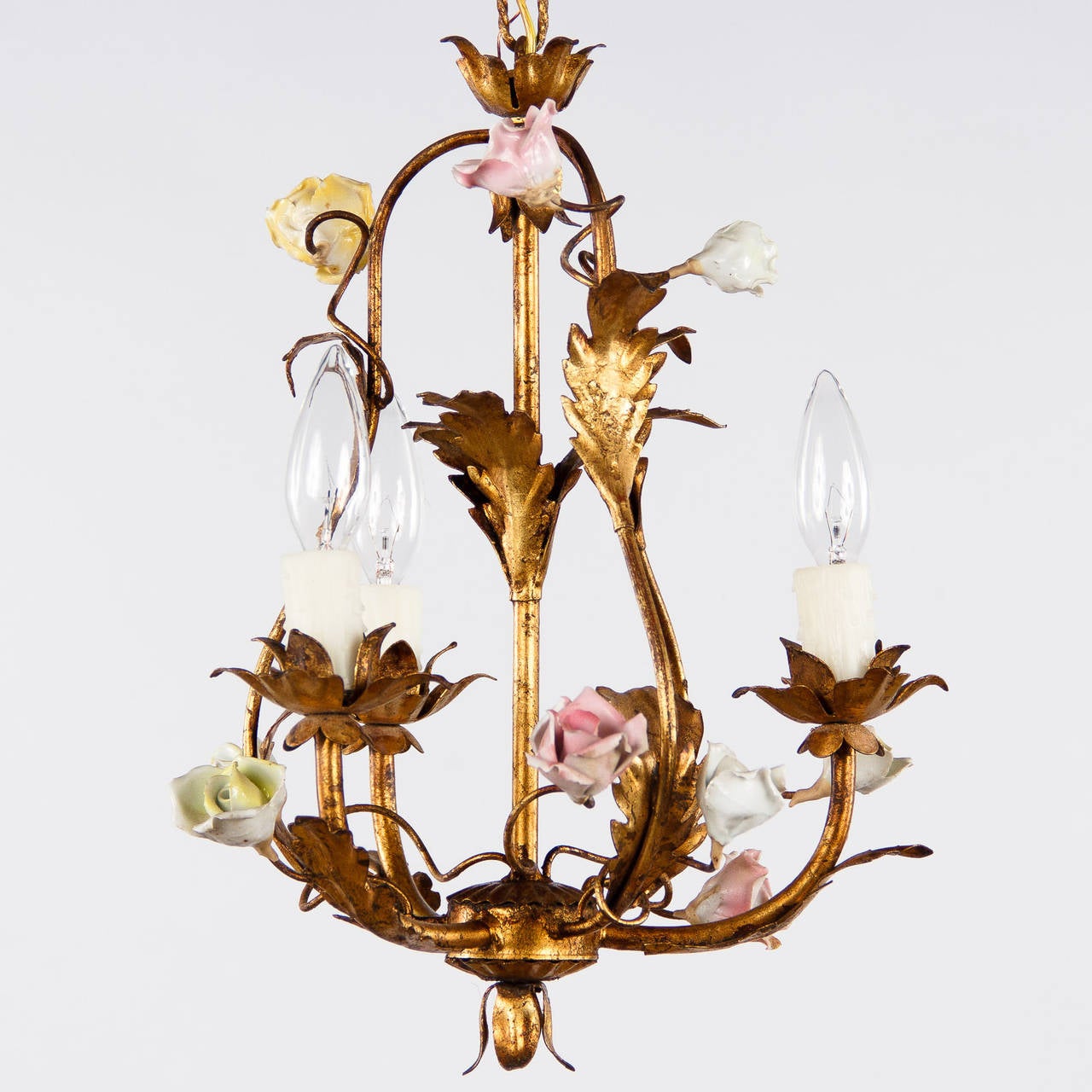 1920's French Tole Chandelier with Porcelain Flowers 4
