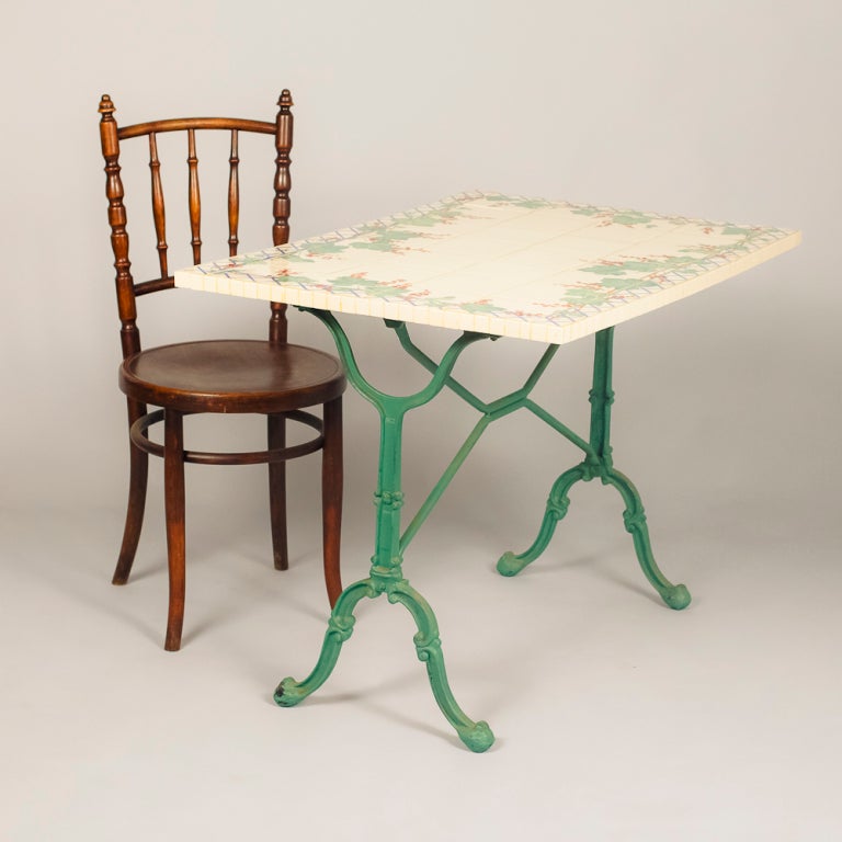 Mid-20th Century French Bistro Table with Hand Painted Tile Top