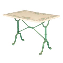 Vintage French Bistro Table with Hand Painted Tile Top