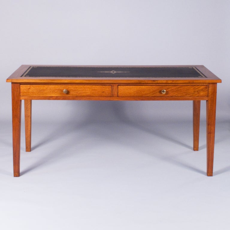 Embossed French Louis XVI Style Cherrywood Desk with Leather Top, circa 1900s