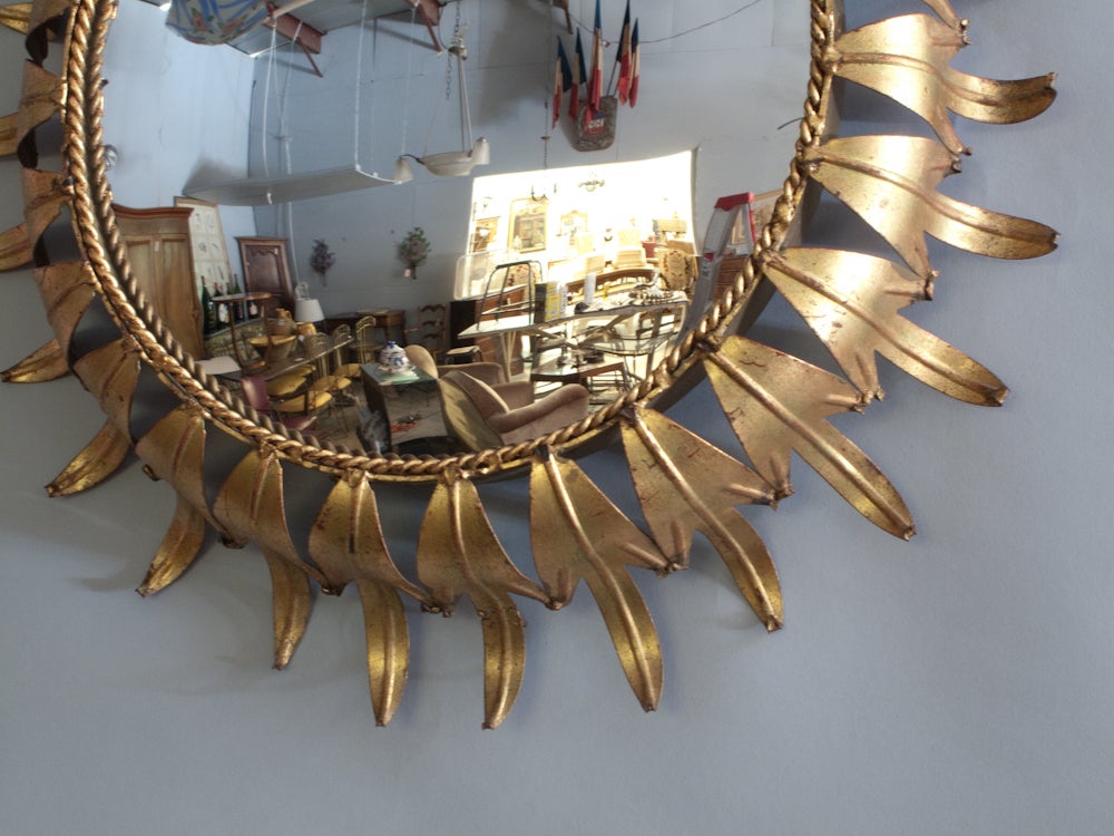 Mid-20th Century Midcentury Brass Sunburst Convex Mirror from Spain