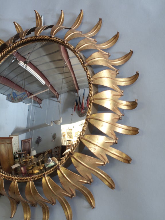 Midcentury Brass Sunburst Convex Mirror from Spain 1