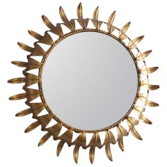 Midcentury Brass Sunburst Convex Mirror from Spain
