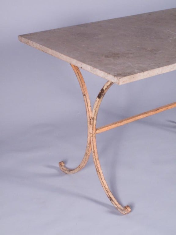 Painted 19th Century French Iron Garden Table with Travertine Top