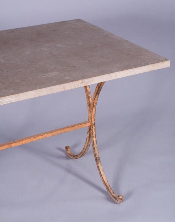19th Century French Iron Garden Table with Travertine Top In Good Condition In Austin, TX