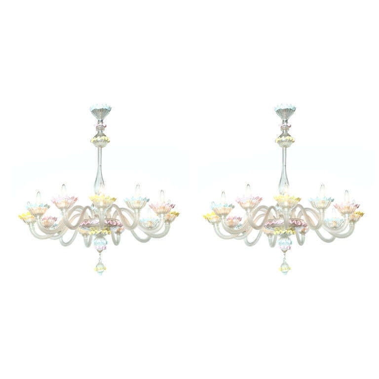 Fine Pair of Murano Glass Twelve-Light Chandeliers, 1950s, Italy For Sale