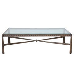 Vintage Art Deco Hammered Steel and Glass Top Low Table, in the Manner of Edgar Brandt
