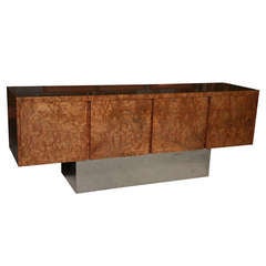 A Pace Burled Wood and Chrome 4 Door Credenza, Leon Rosen