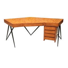 A French Modern Iron and Oak, Cork Top Desk, 1950s, by Sornay