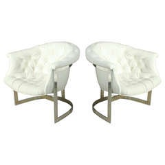 A Pair Milo Baughman Tufted Leather and Chrome Club Chairs
