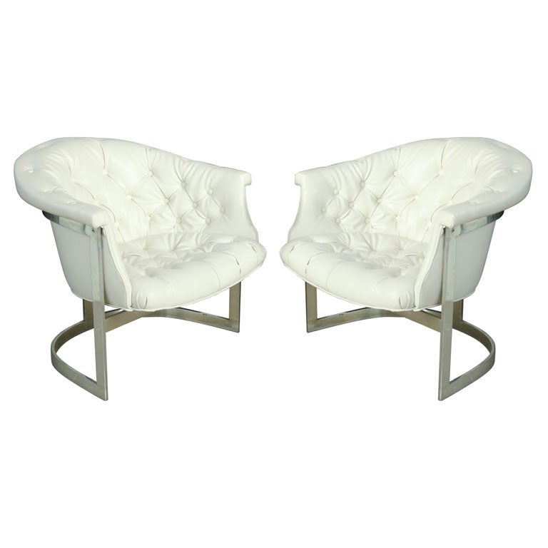 Pair Milo Baughman Chrome and Tufted White Leather Tub Chairs