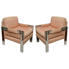 Pair of Milo Baughman Style Polished Chrome Armchairs for Directional