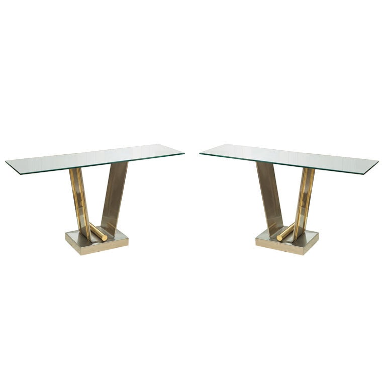 A Pair of Karl Springer Brushed Stainless and Brass Consoles