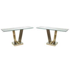 A Pair of Karl Springer Brushed Stainless and Brass Consoles
