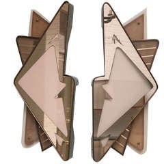 A Rare Pair of Italian Futurist Bronze, Mirror, and Glass Sconces