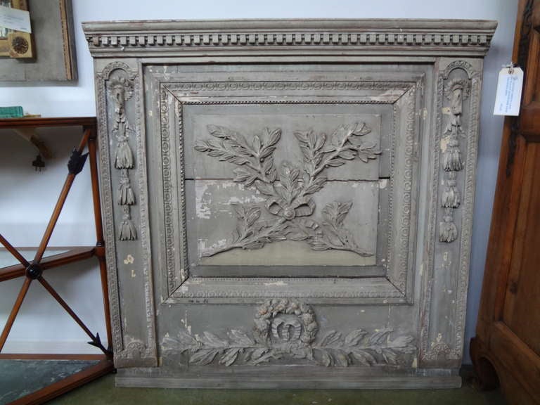 Decorative 19th century French Louis XVI Style carved boiserie panel/architectural panel with original distressed paint.

Please click KIRBY ANTIQUES logo below to view additional pieces from our vast inventory.
