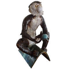 Antique French Tin Glazed Terra Cotta Monkey Sculpture Signed Filmont