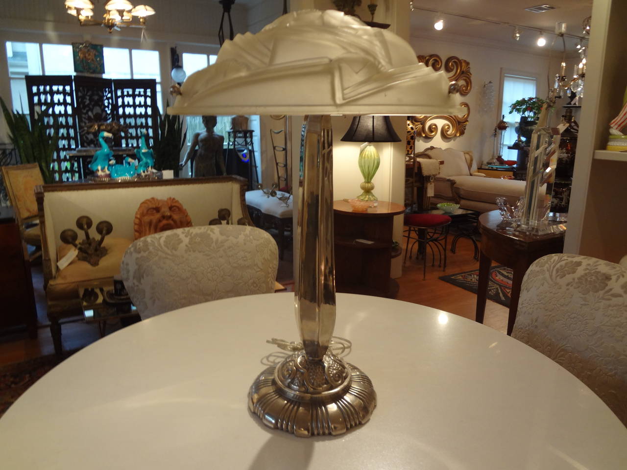 French Art Deco Nickeled Bronze And Glass Table Lamp, Circa 1930 In Good Condition In Houston, TX