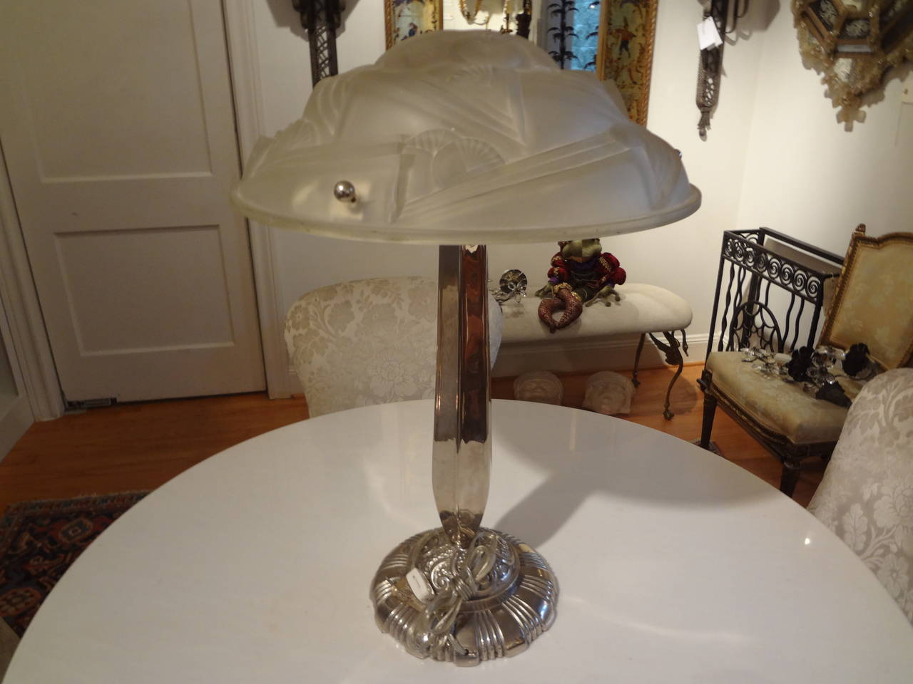 French Art Deco Nickeled Bronze And Glass Table Lamp, Circa 1930 5