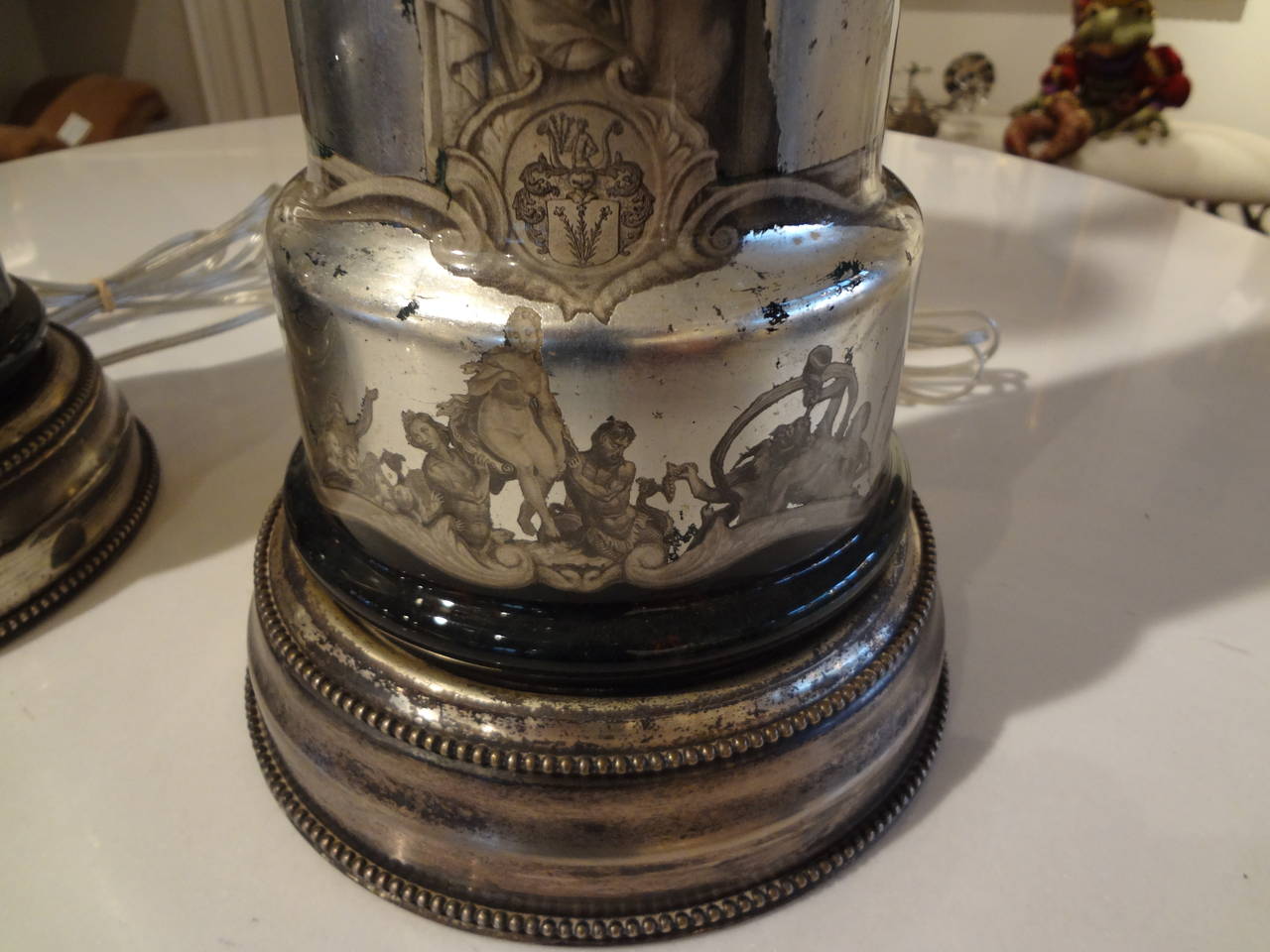 Metal Pair of Italian Neoclassical Fornasetti Style Églomisé Lamps 