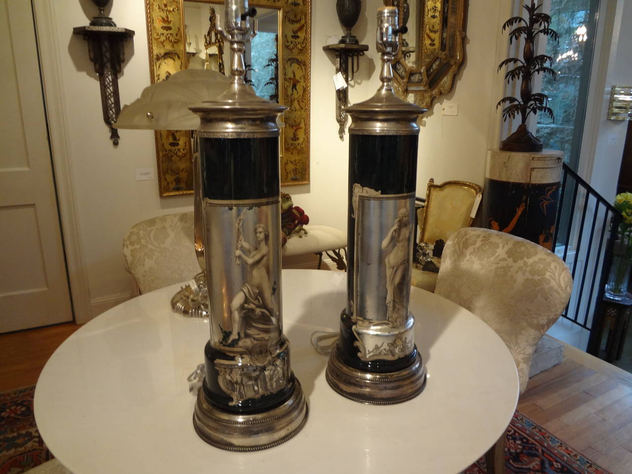 Pair of Italian Neoclassical Fornasetti Style Églomisé Lamps  3