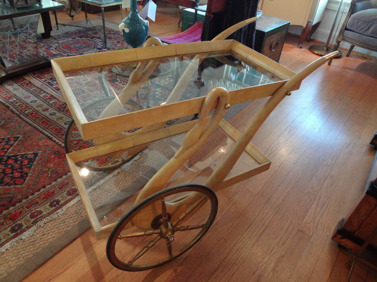 Italian Goatskin and Bronze Serving or Bar Cart by Aldo Tura 1