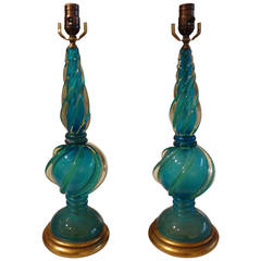 Pair of Mid-Century Italian Blue Murano Glass Lamps by Seguso