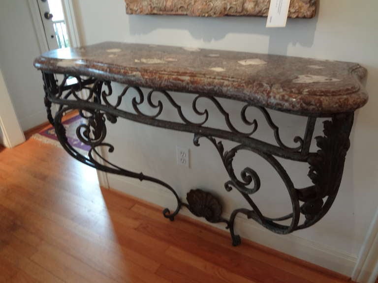 French Regence Wrought Iron Console Table with Marble Top For Sale 1