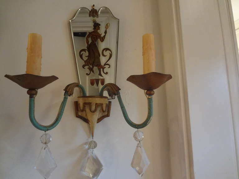 Hollywood Regency Pair of French Tole, Églomisé and Crystal Sconces